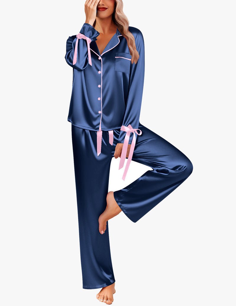 Midnight-blue satin button-down long pajama set with pink piping and bow ties