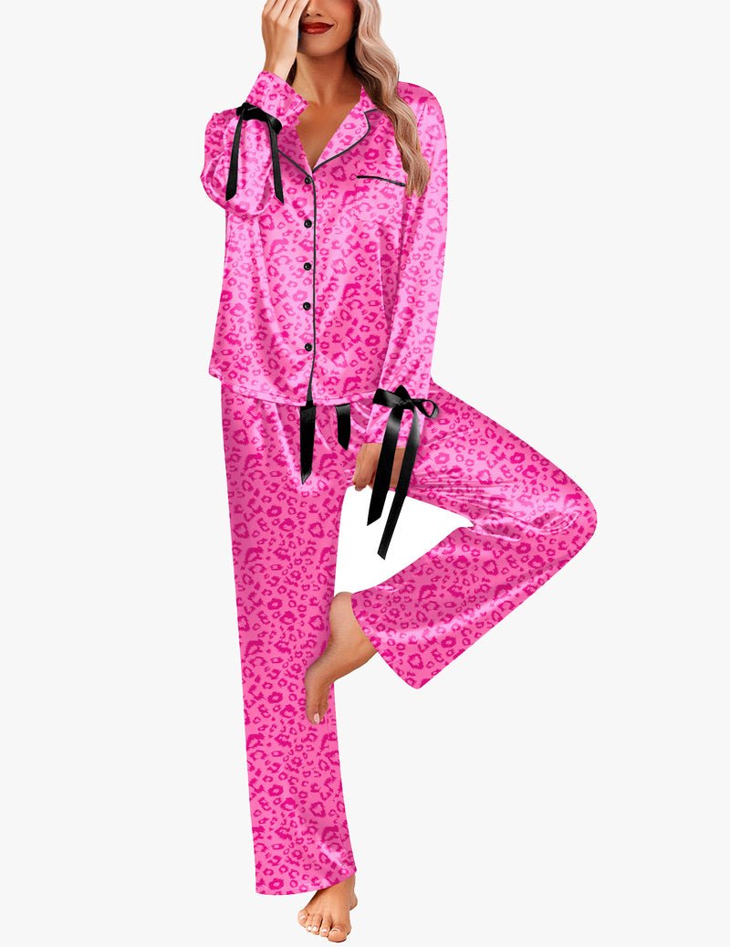 Pink satin long pajama set with leopard print, button front and satin tie belt