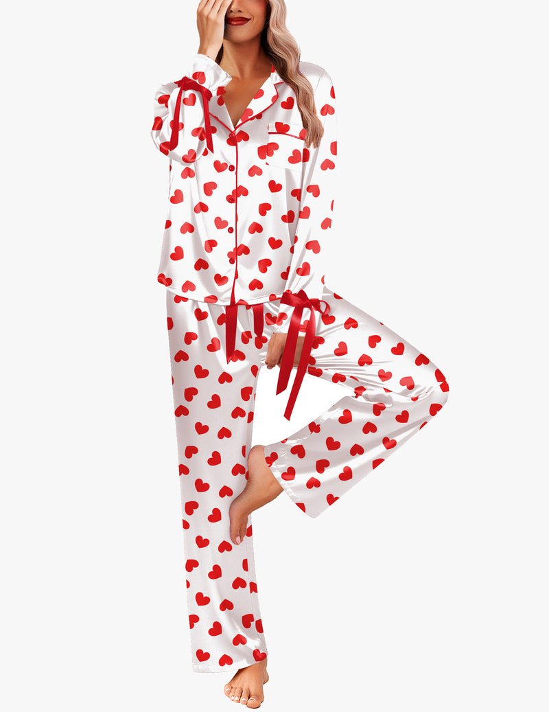 White satin button-down long pajama set with red heart print and bow tie