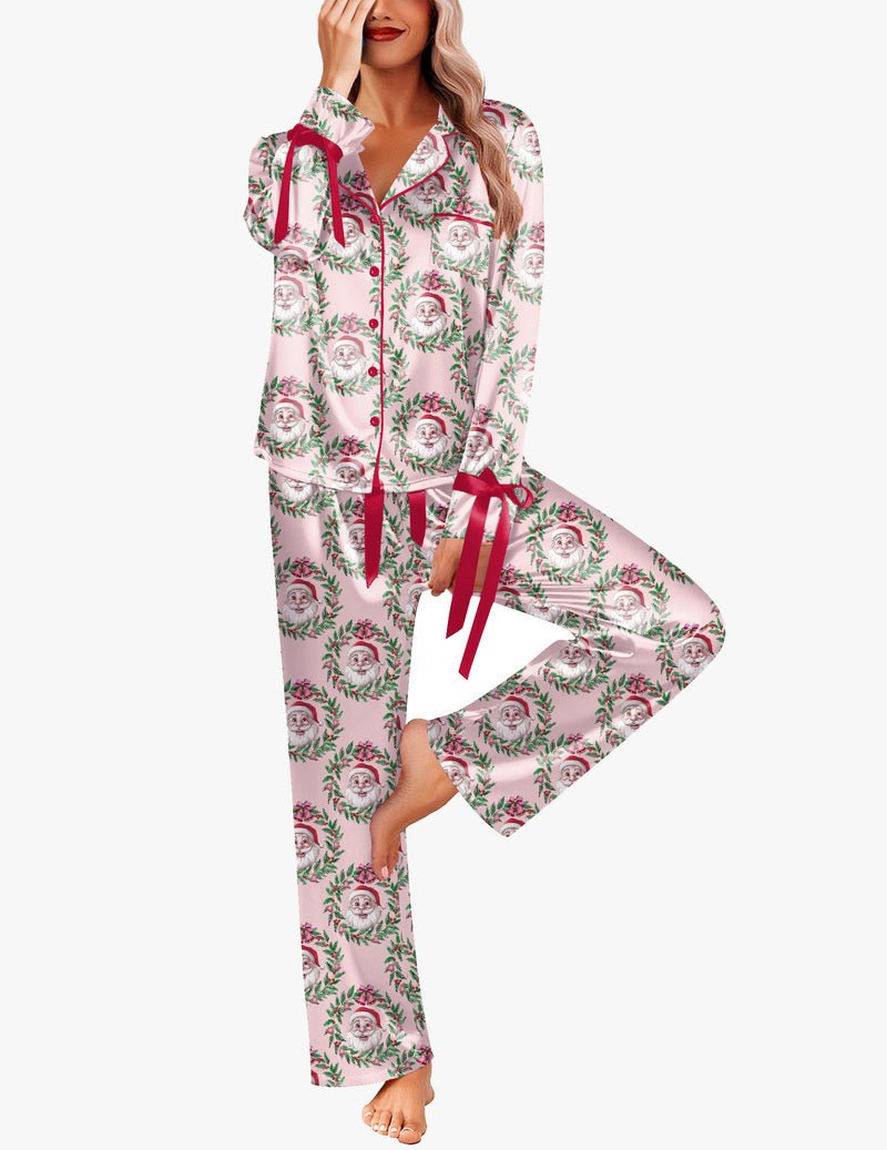 Light pink satin pajama set with Santa face print and red ribbon-tie waistband