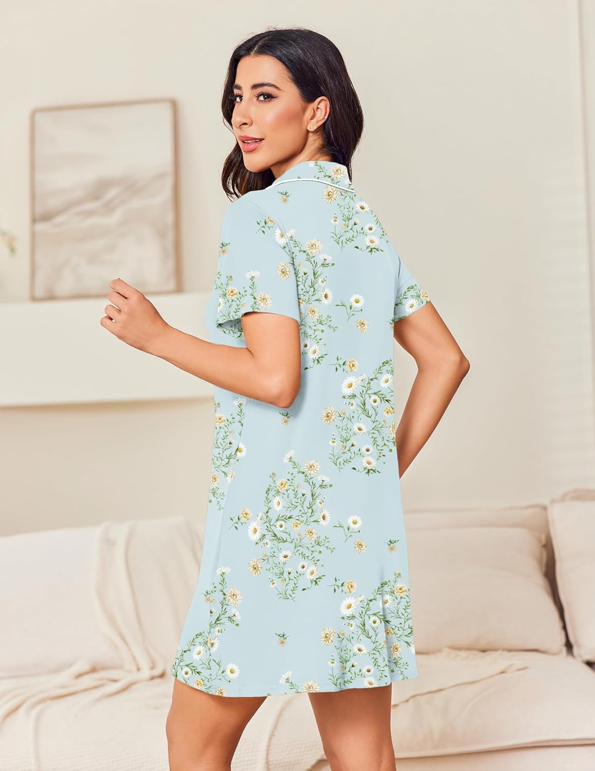 Light blue floral short-sleeve button-down nightgown, back view