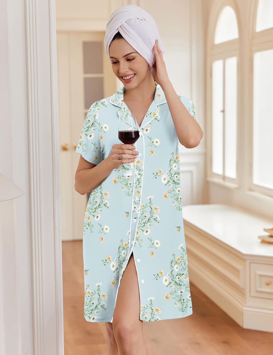 Light blue floral short-sleeve button-down nightgown with front opening