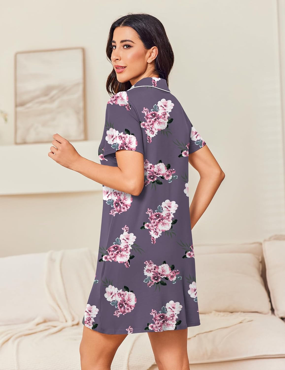 Short-sleeve button-front night dress, purple floral print, back view