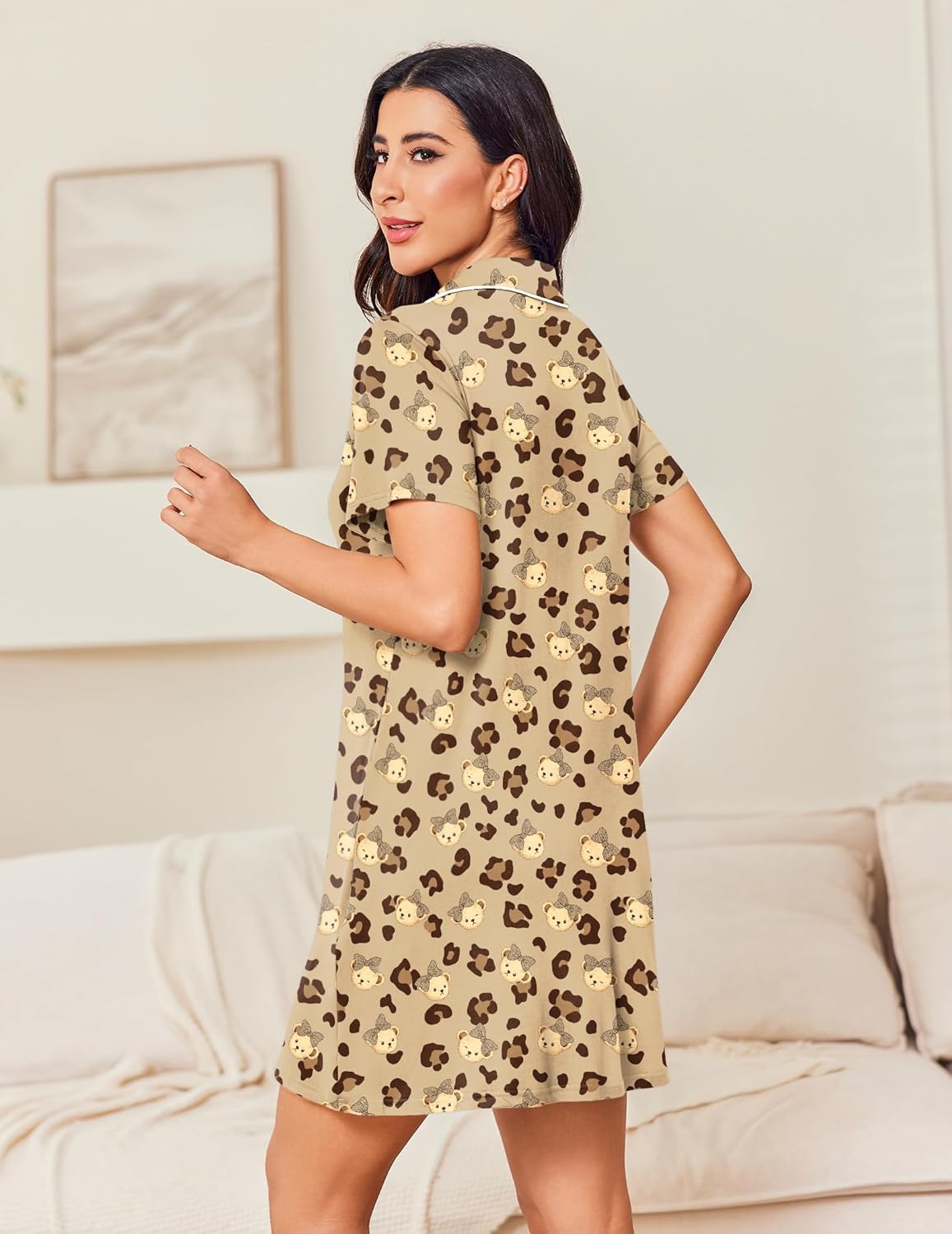 Short-sleeve button-front night dress, beige leopard teddy print, side/back view