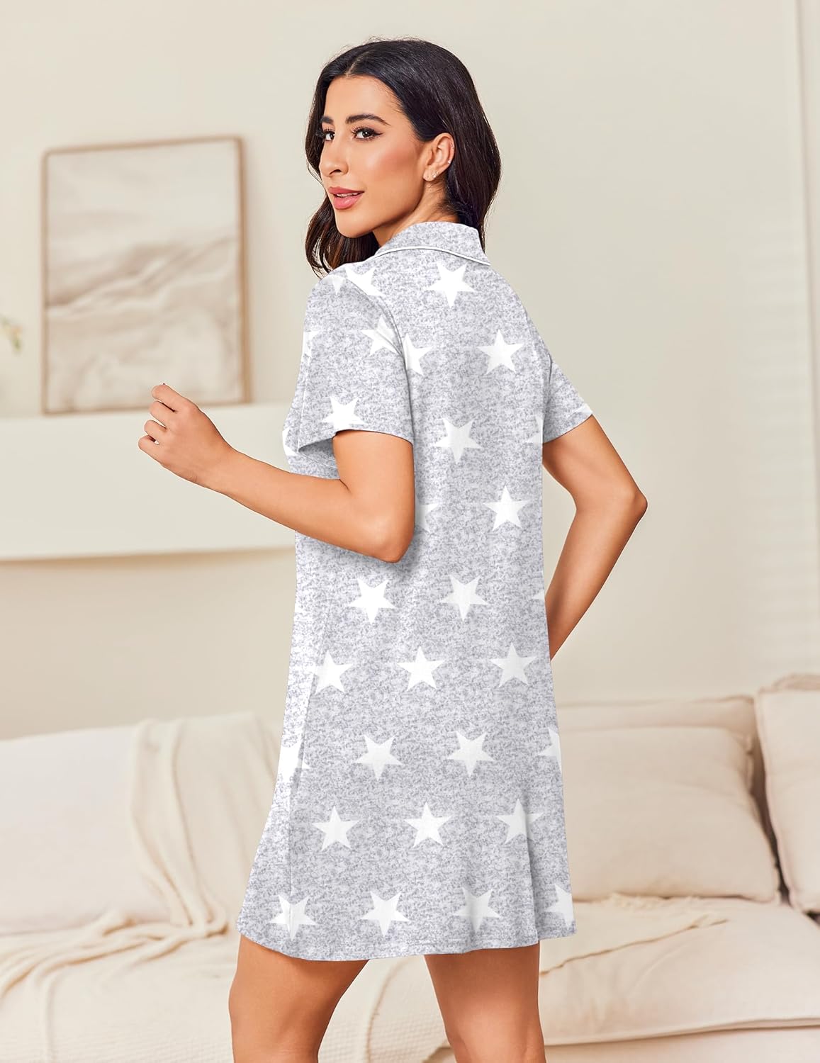 Light gray short-sleeve button nightgown with white star pattern, contrast collar trim