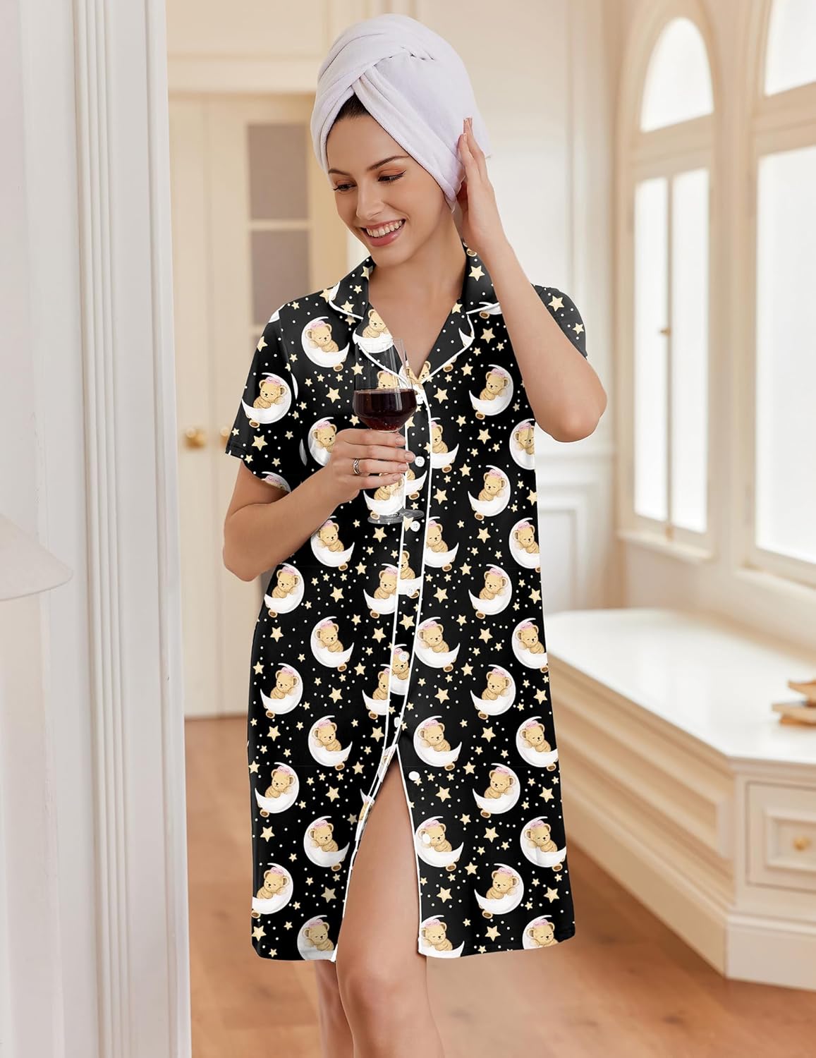 Short-sleeve button-front night dress, black with teddy bear and moon pattern