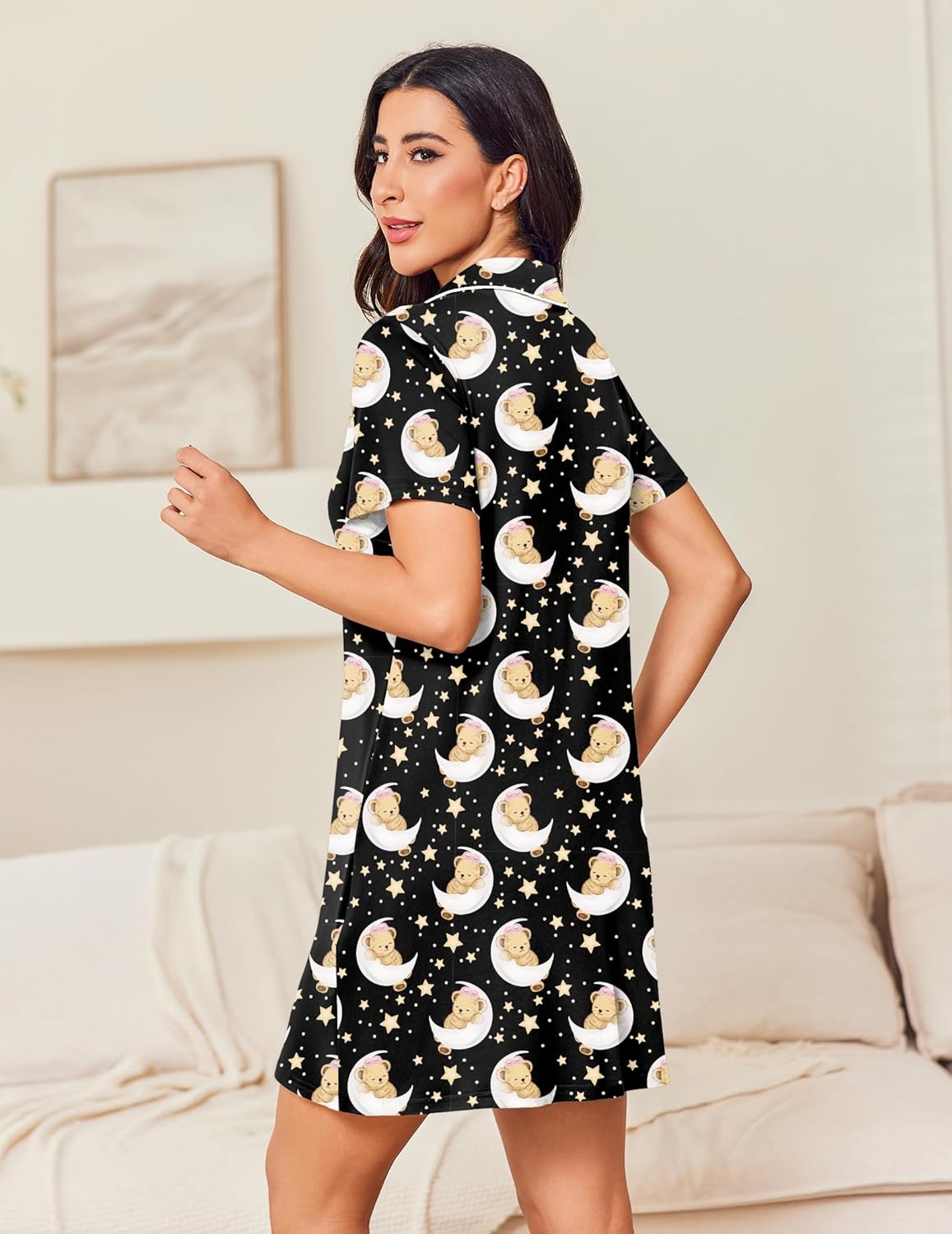 Short-sleeve button-front night dress, black starry teddy print, back view