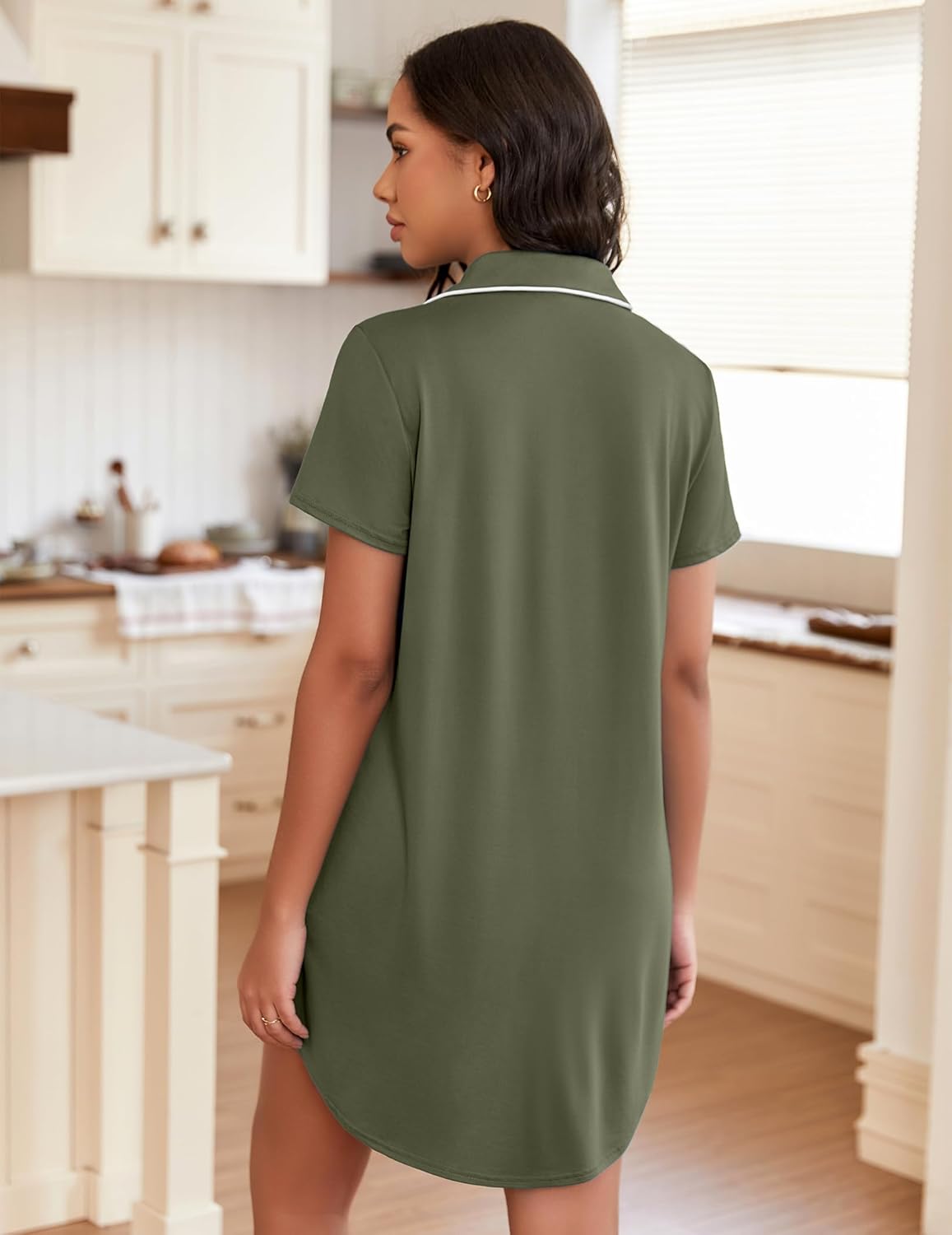 Back view: short-sleeve button-down sleepshirt in dark green
