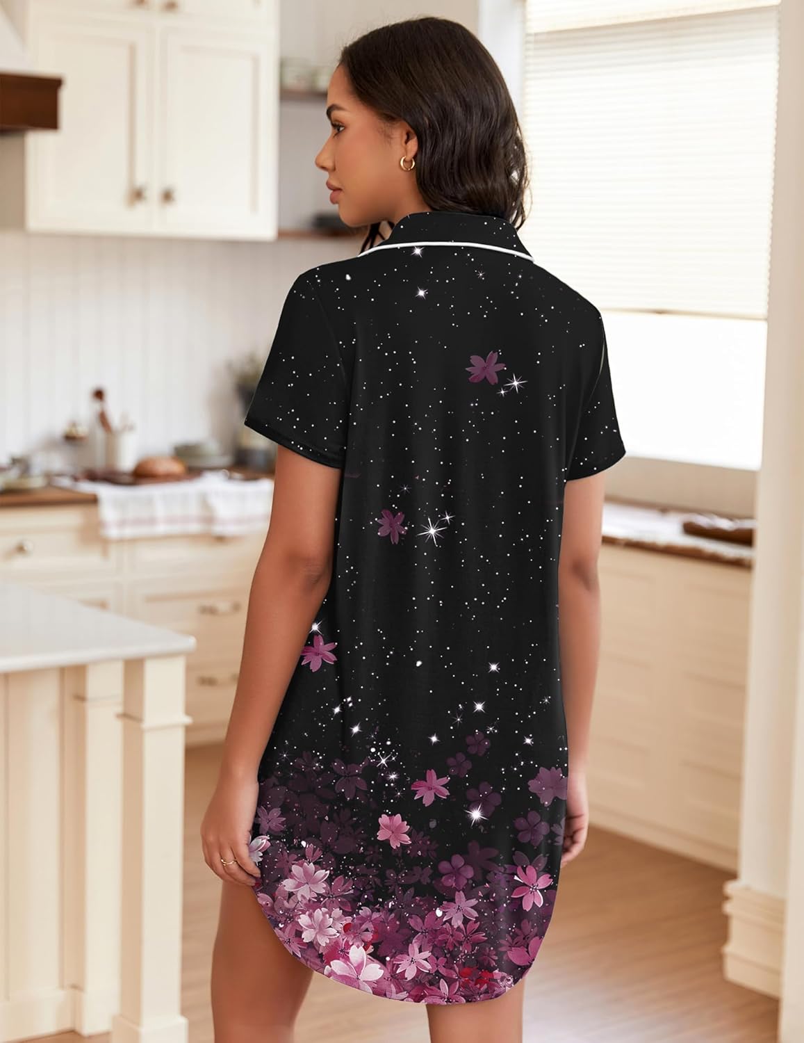 Back view: button down night gown short-sleeve sleepshirt in black with pink flowers