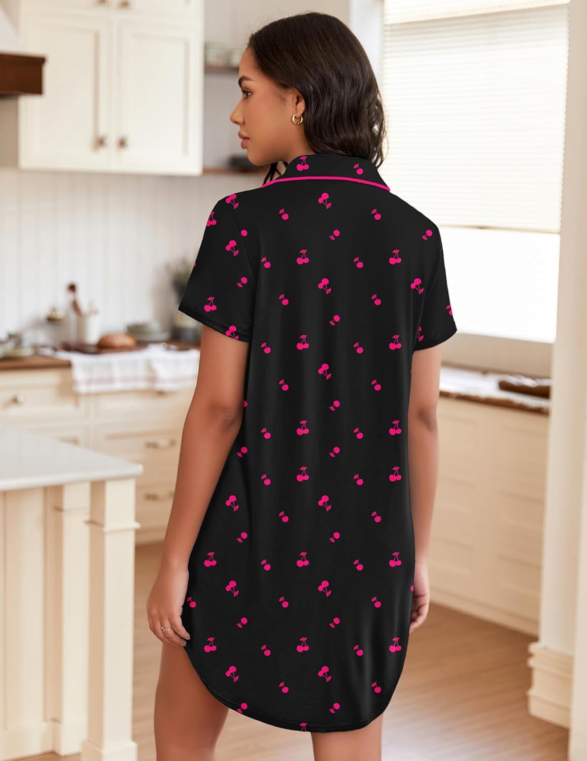 Back view: black short-sleeve button-down sleepshirt with pink cherry print