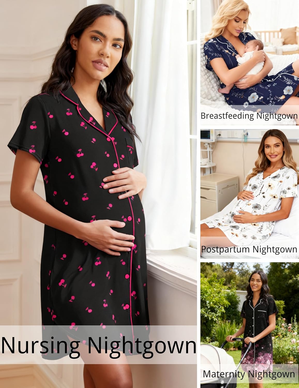 Black short-sleeve button-down nightgown with pink cherry pattern and pink trim