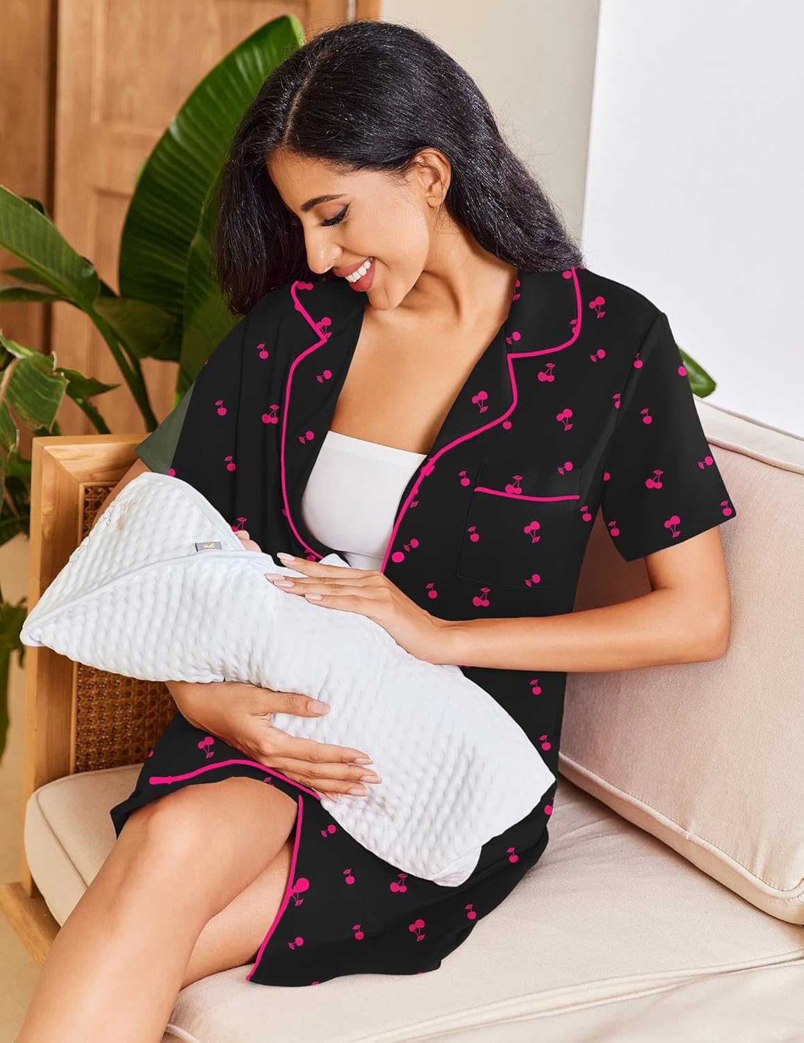 Black cherry-pattern short-sleeve sleepshirt with button front and pink piping detail