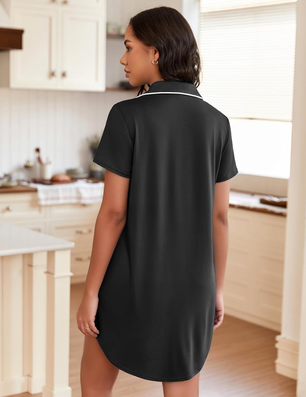 Back view: short-sleeve button-down sleepshirt in black
