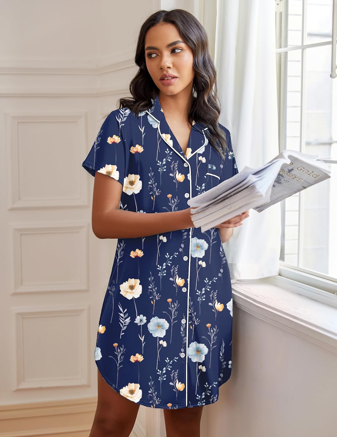 Button down night gown short-sleeve sleepshirt in navy blue with floral print and trim