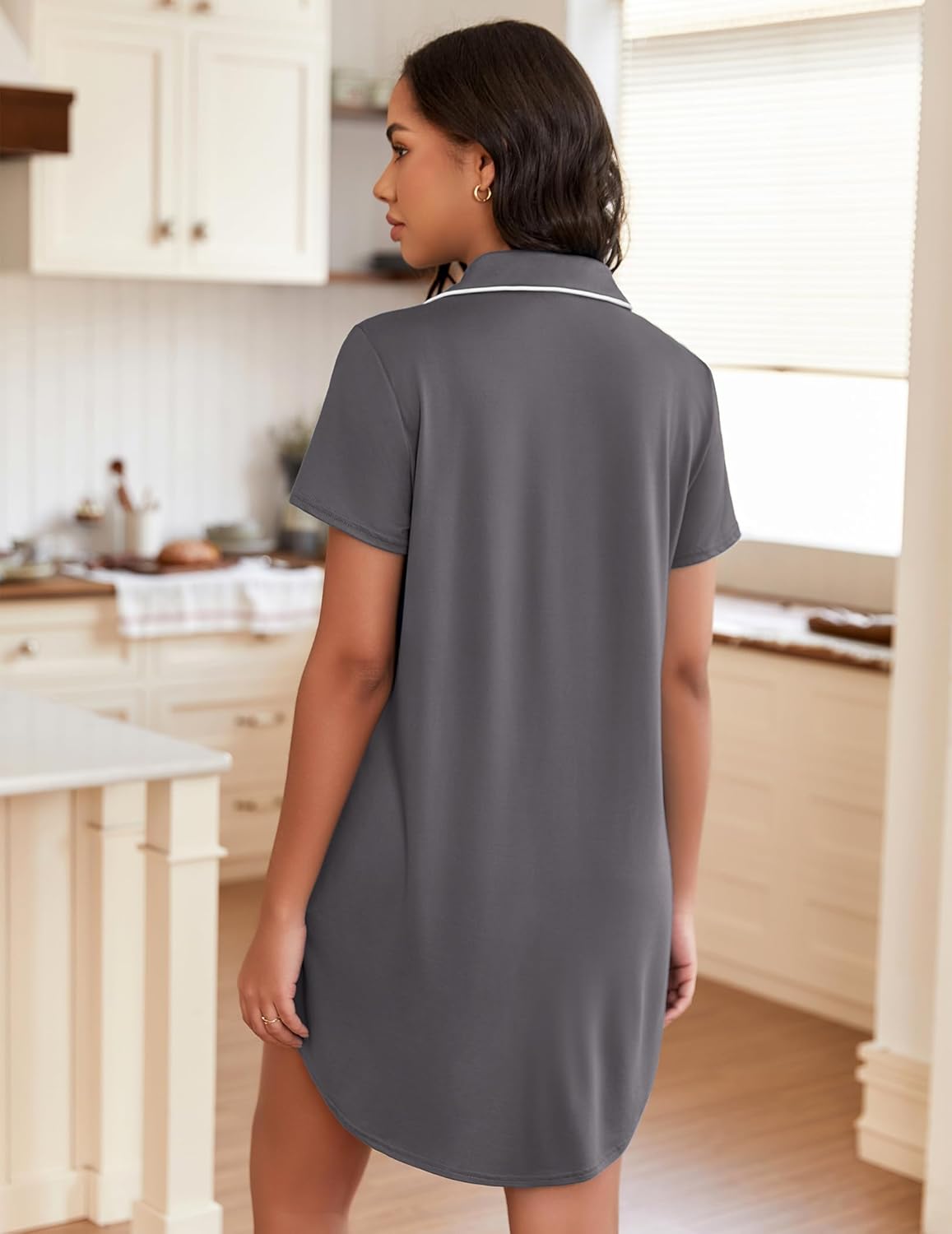 Back view: dark gray short-sleeve button-down sleepshirt with white collar trim