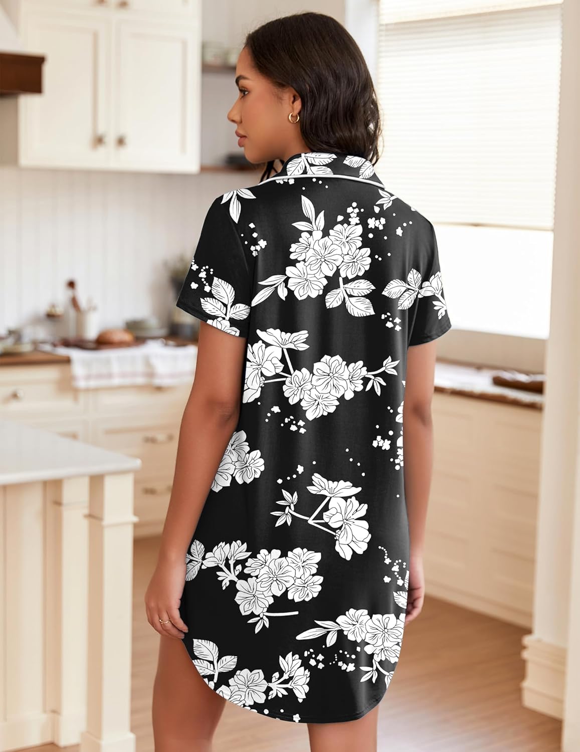 Back view black floral short-sleeve button nightgown with pointed collar