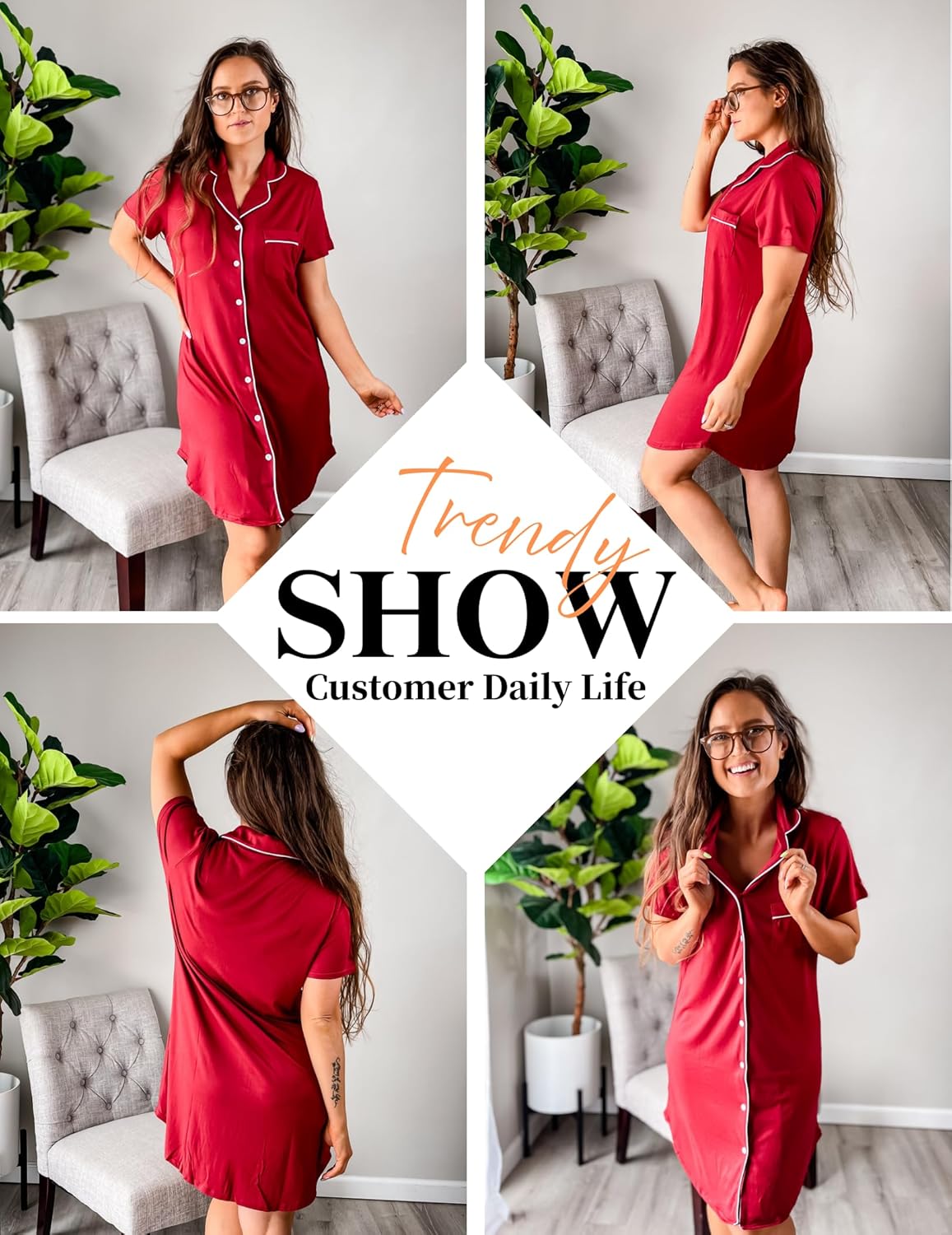 Red short-sleeve button nightgown with contrast trim and side slit hem