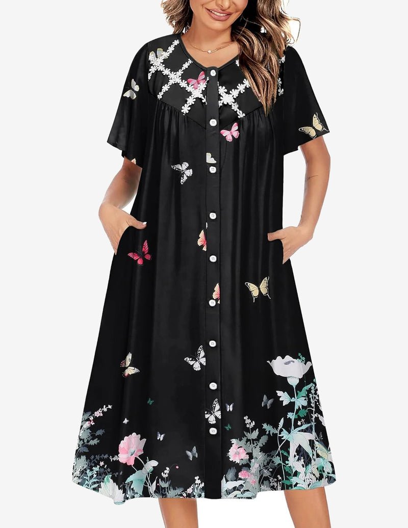 Black button-down nightgown with butterfly and flower prints, short sleeves