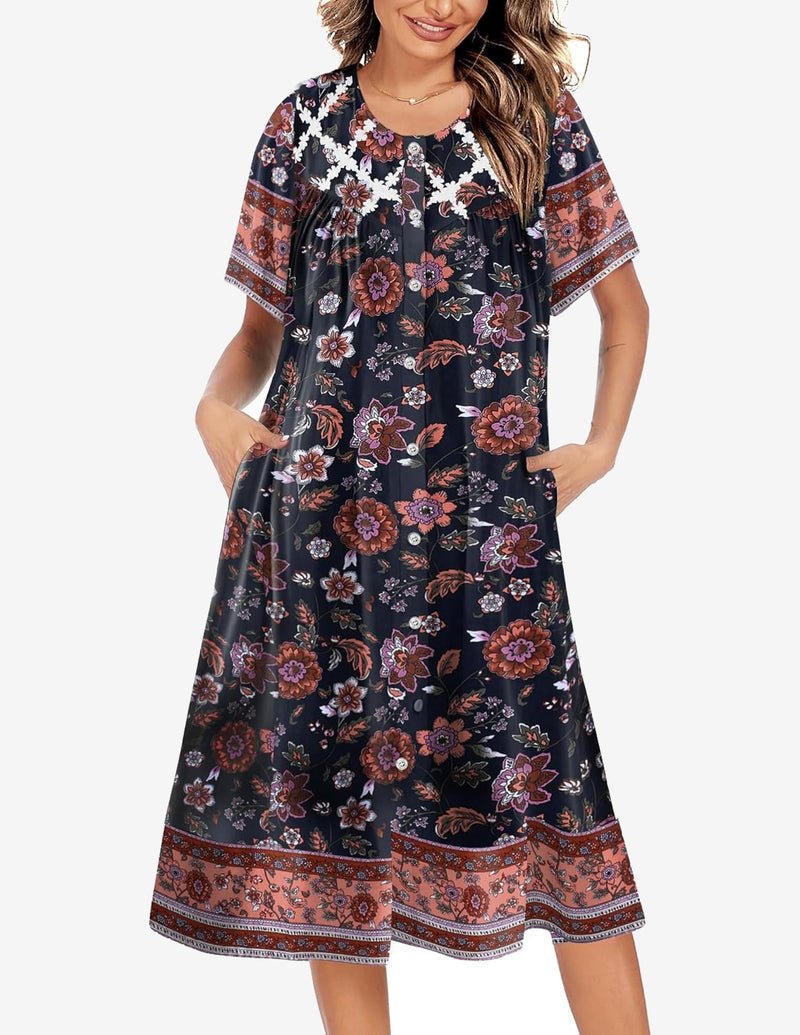 Navy button-down nightgown with multicolor floral print and short sleeves