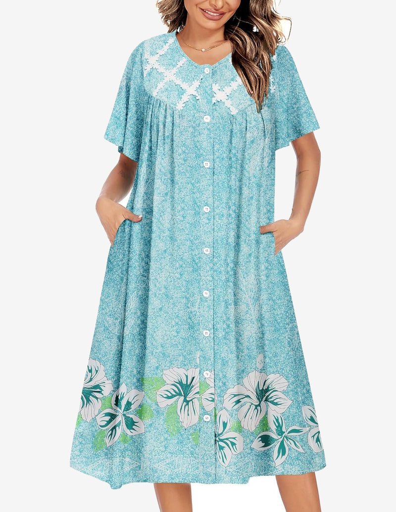 Light blue floral button-down nightgown with short sleeves and button front