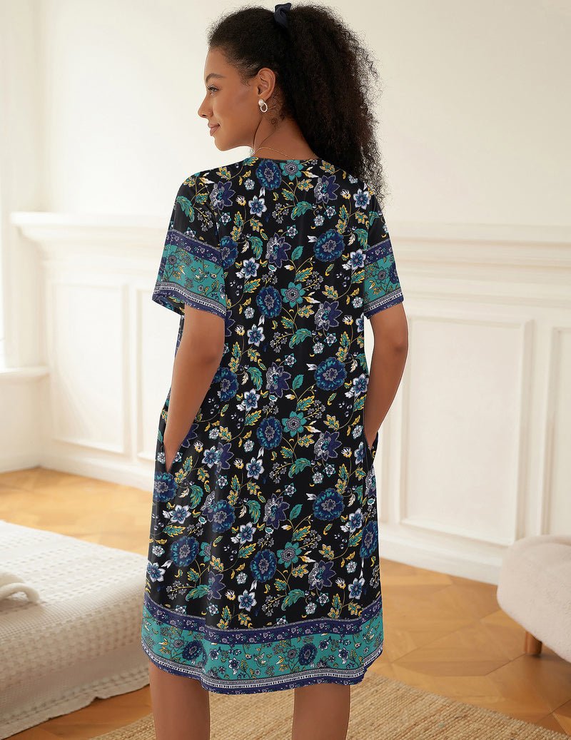 Floral button-down nightgown housecoat, black with blue flowers and short sleeves, pockets