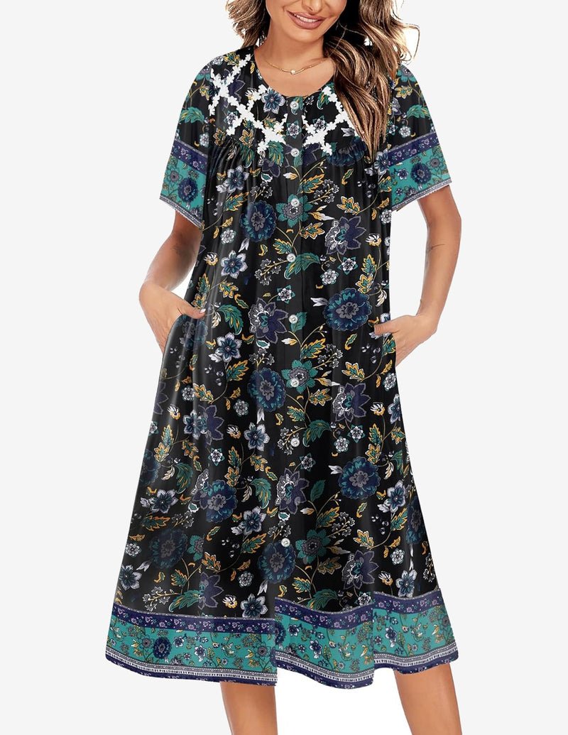 Black floral button-down nightgown with colorful border, short sleeves
