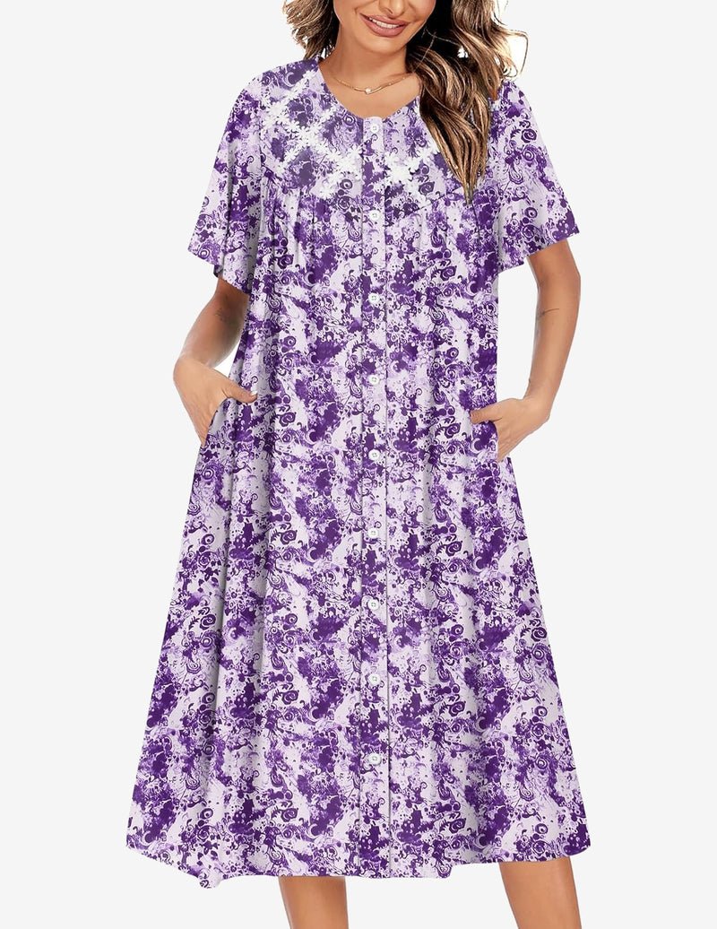 Purple floral button-down nightgown with short sleeves and button front