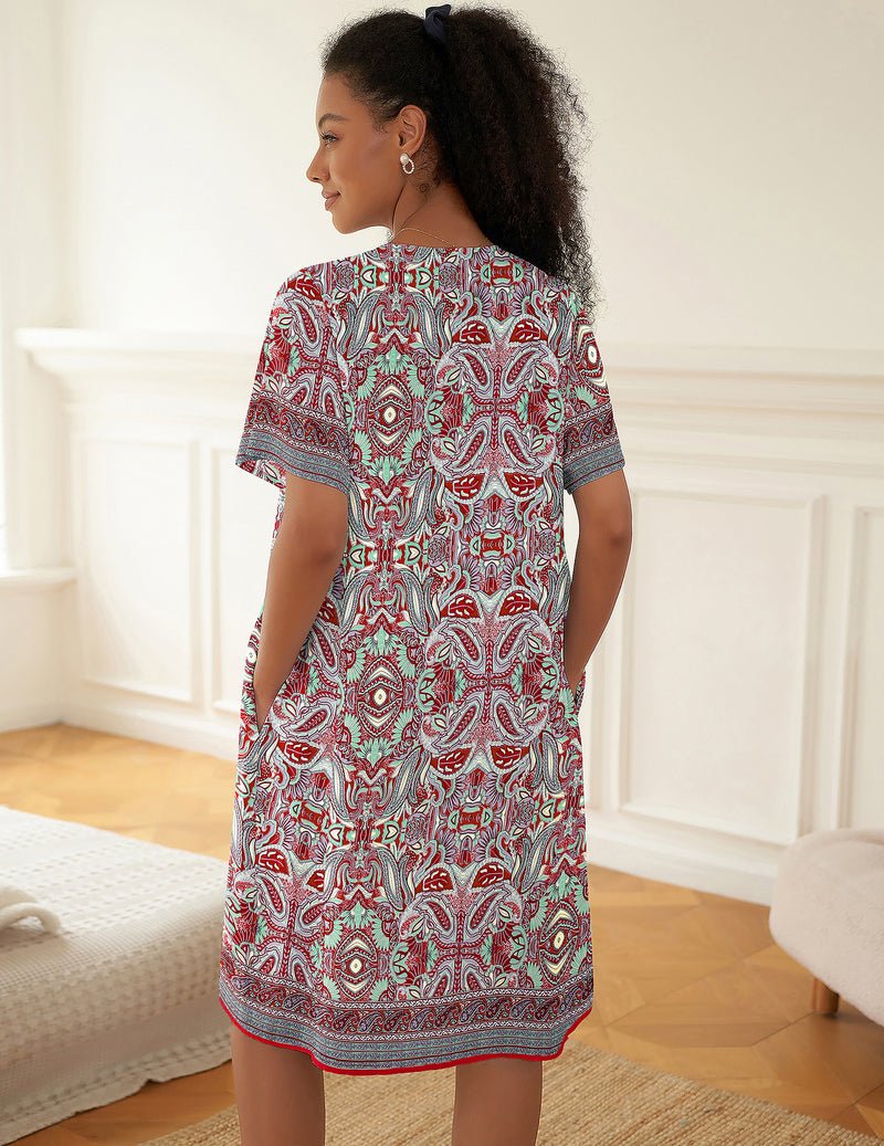 Paisley button-down nightgown, back view in red, green and white