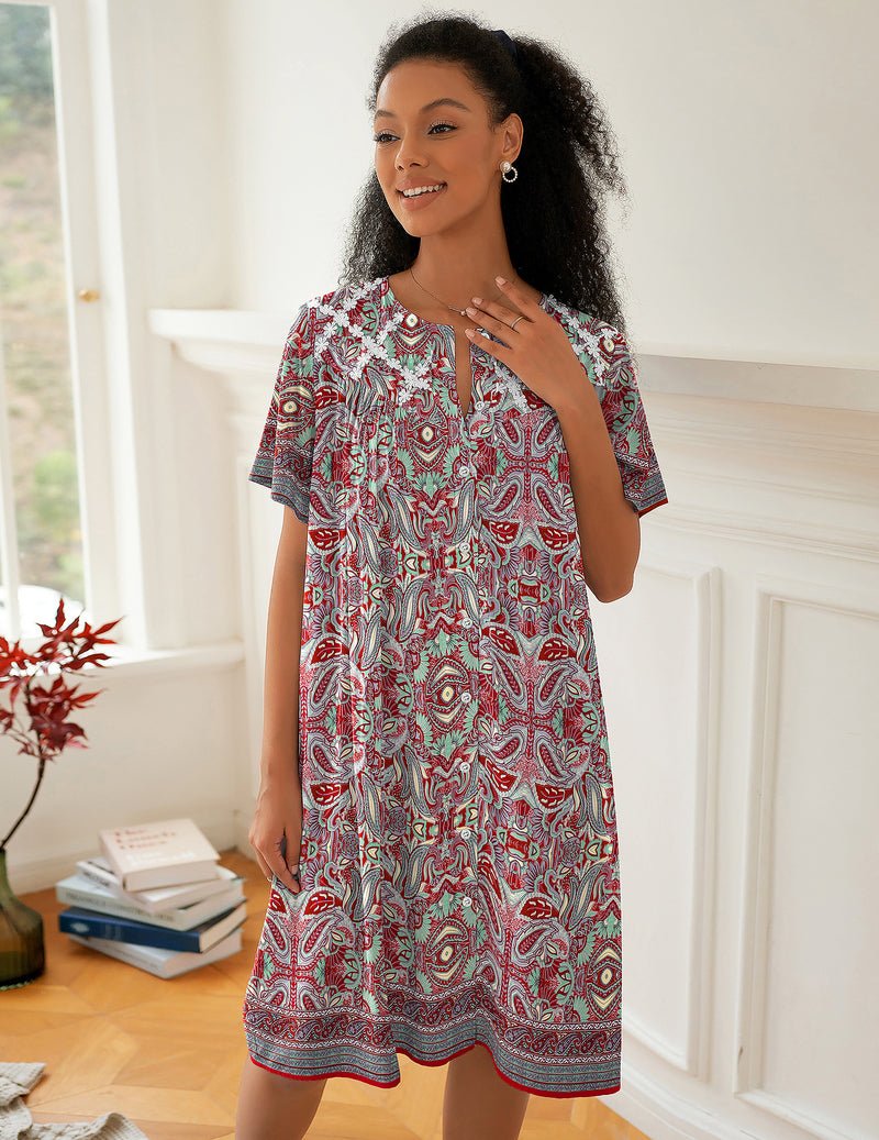 Red, green and white paisley button-down nightgown with short sleeves