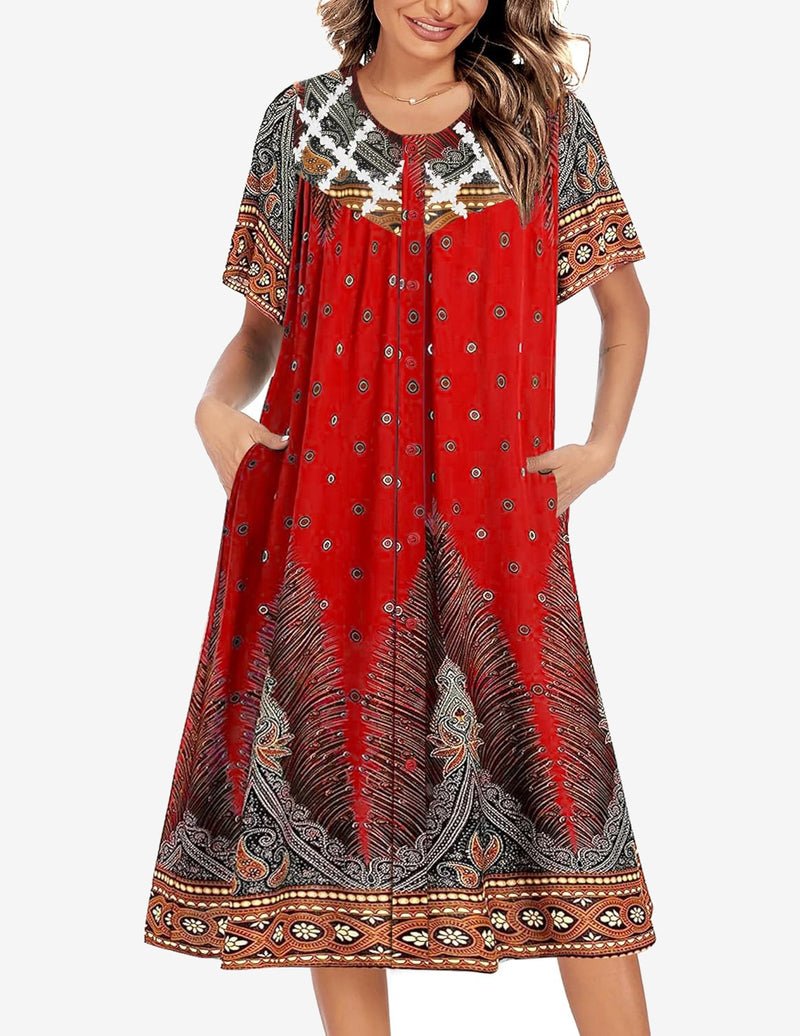 Red button-down nightgown with ornate border print and short sleeves