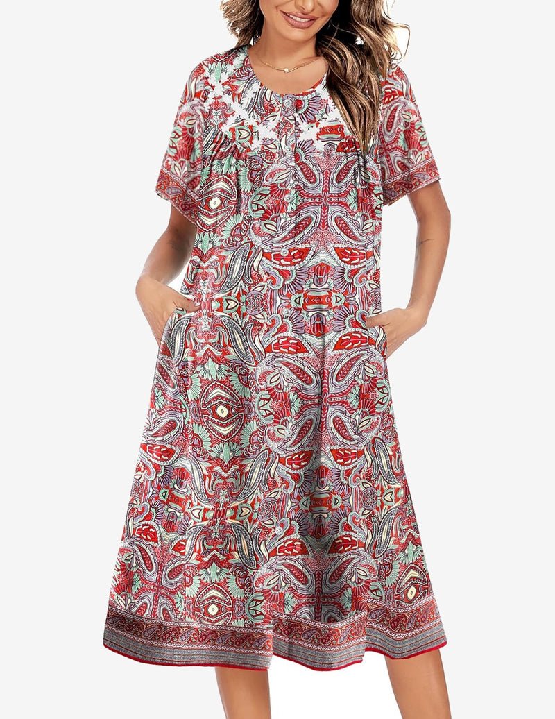 Red patterned button-down nightgown with short sleeves and button front