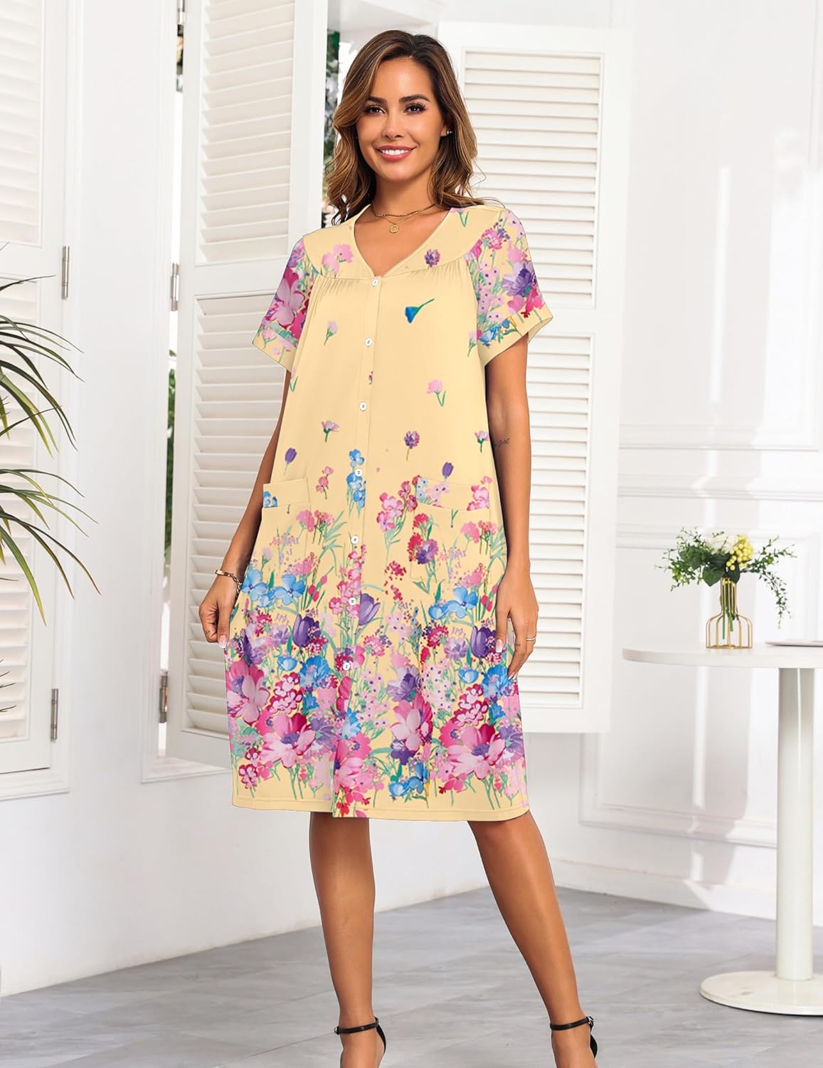 Plus-size button-front nightgown, pale yellow with colorful floral garden print