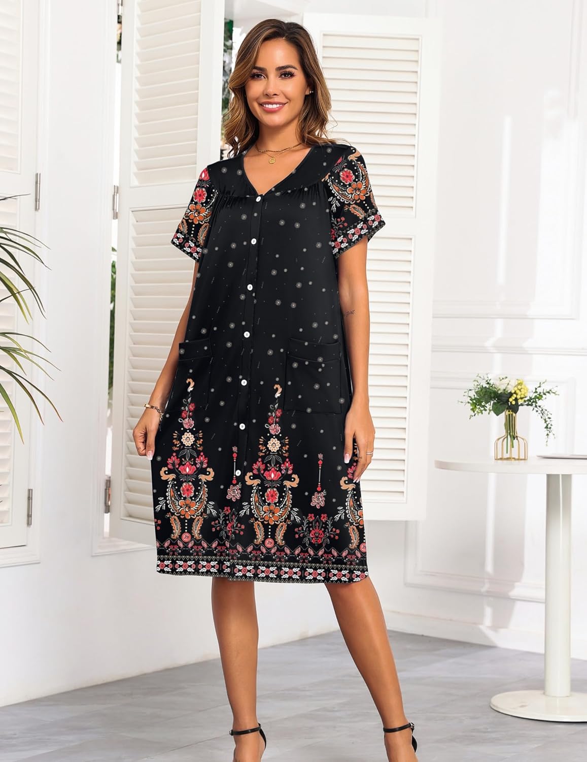 Mumu button-down nightgown dress in black with colorful floral border print