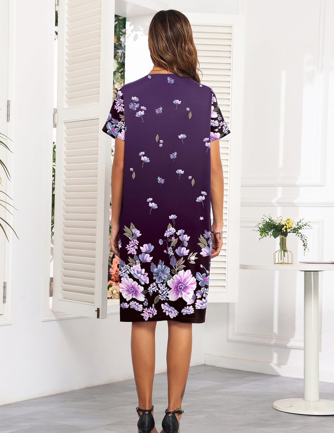 Plus-size button-front nightgown, purple floral print, back view