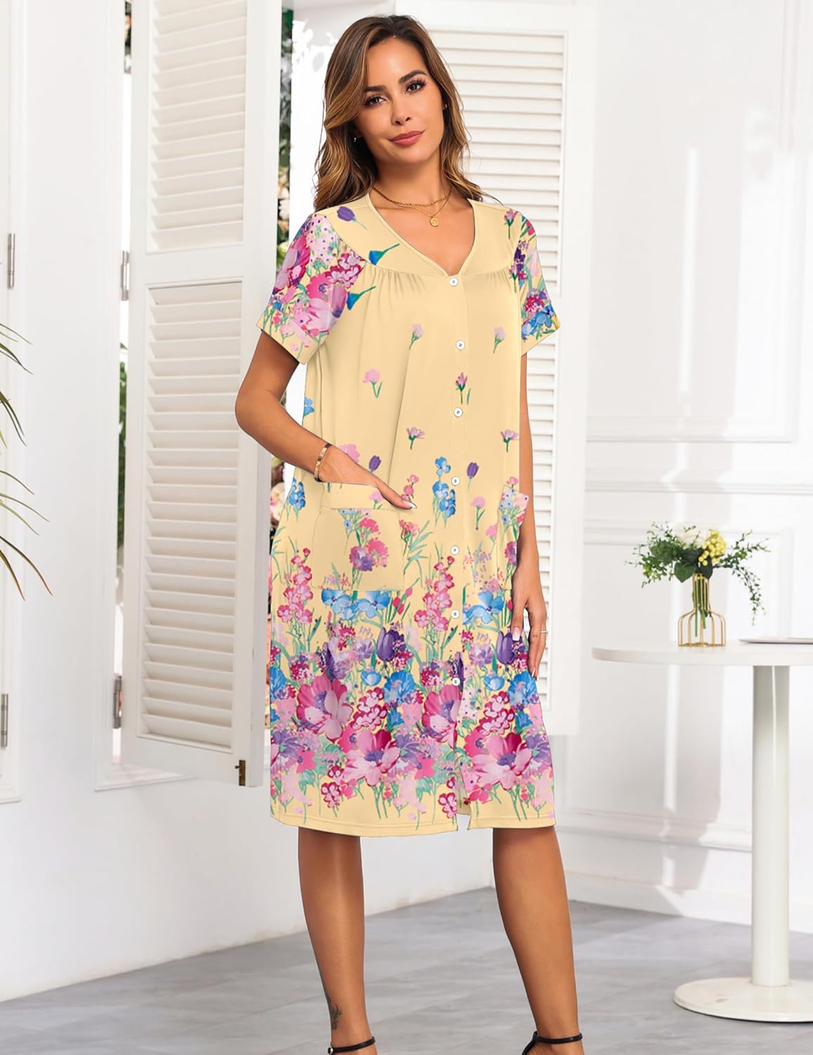 Plus-size button-front nightgown, pale yellow with multicolor flower print, gathered neckline