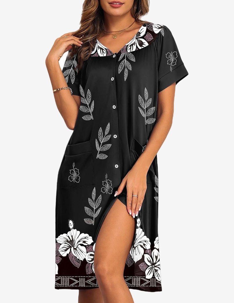 Plus-size button-front nightgown, black with white botanical floral print and side slit