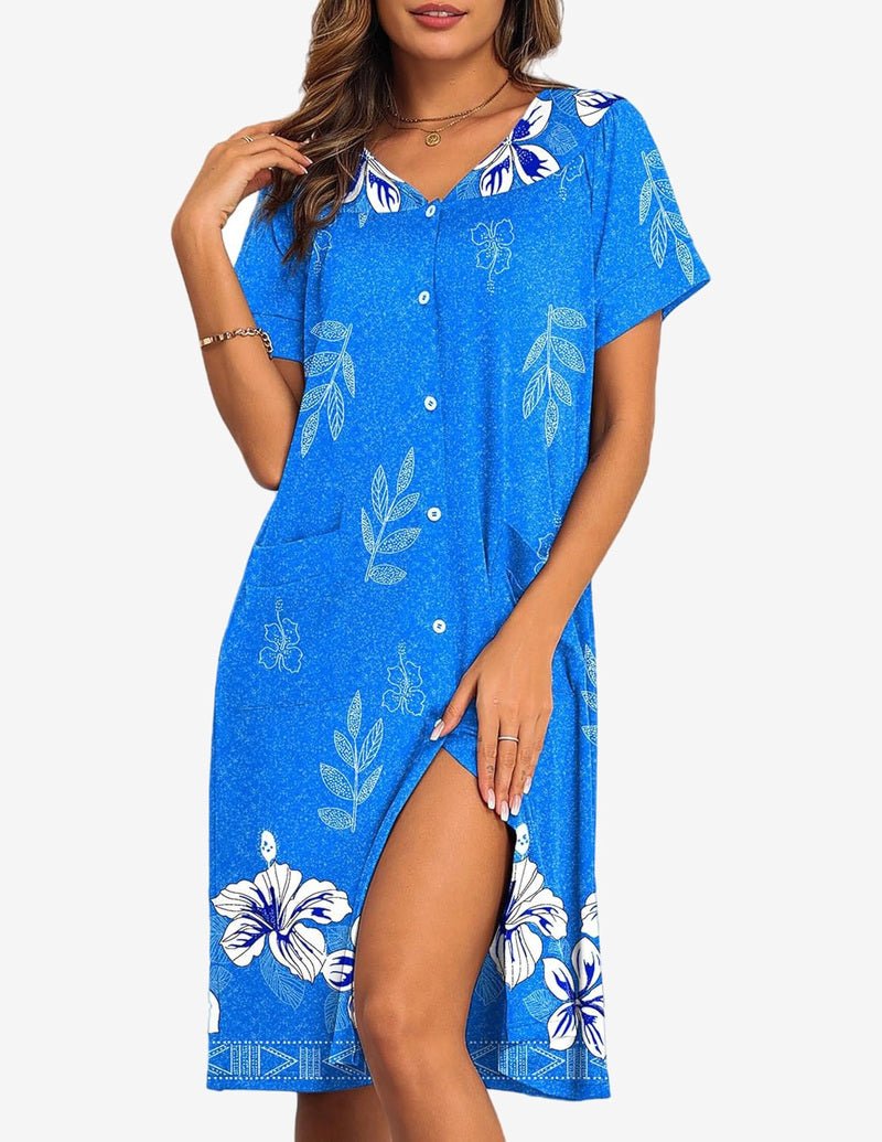 Blue button-front nightgown dress with botanical print and side slit