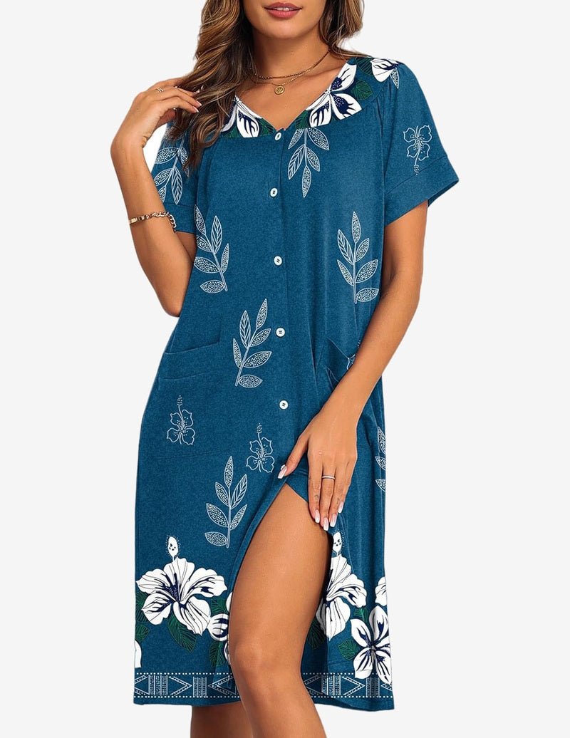 Blue button-front nightgown with floral print, V-neck and side slit