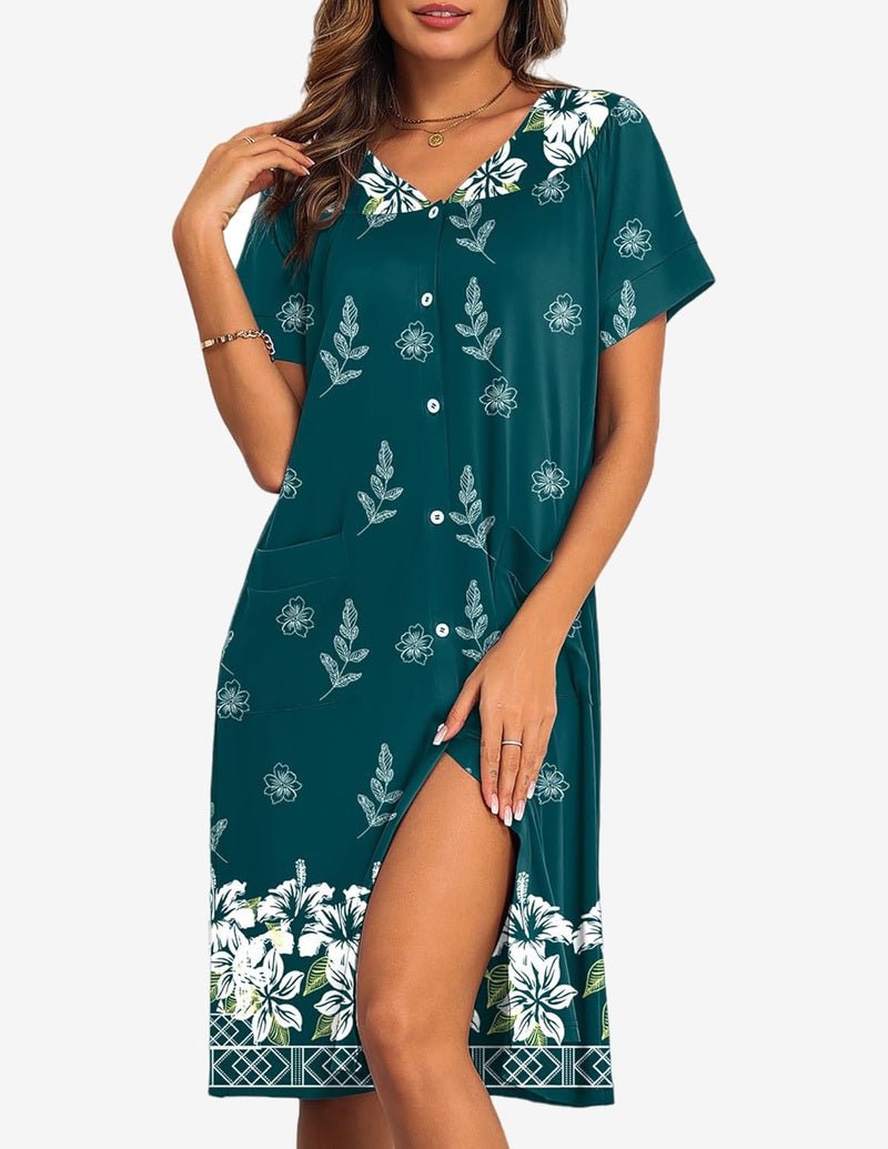 Teal button-front nightgown with white floral print, V-neck and side slit