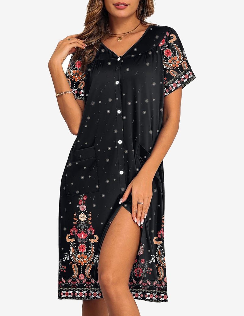 Black button-front nightgown with colorful floral border, V-neck and side slit