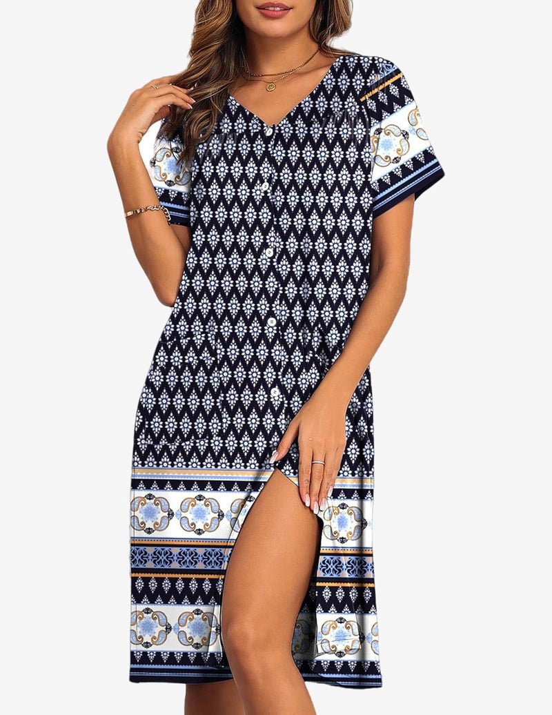 Navy-and-white button-front nightgown with geometric pattern, V-neck and side slit