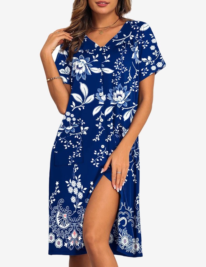Royal blue button-front nightgown with white floral print, V-neck and side slit
