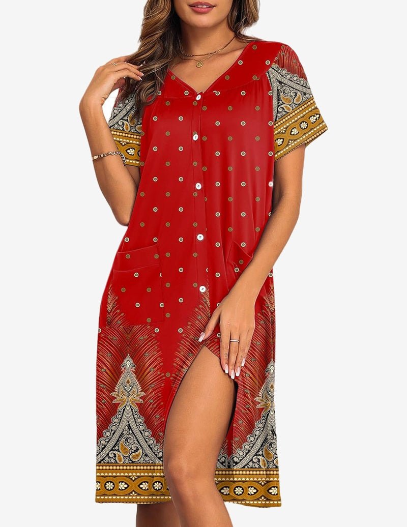 Red button-front nightgown with ornate border print, V-neck and side slit