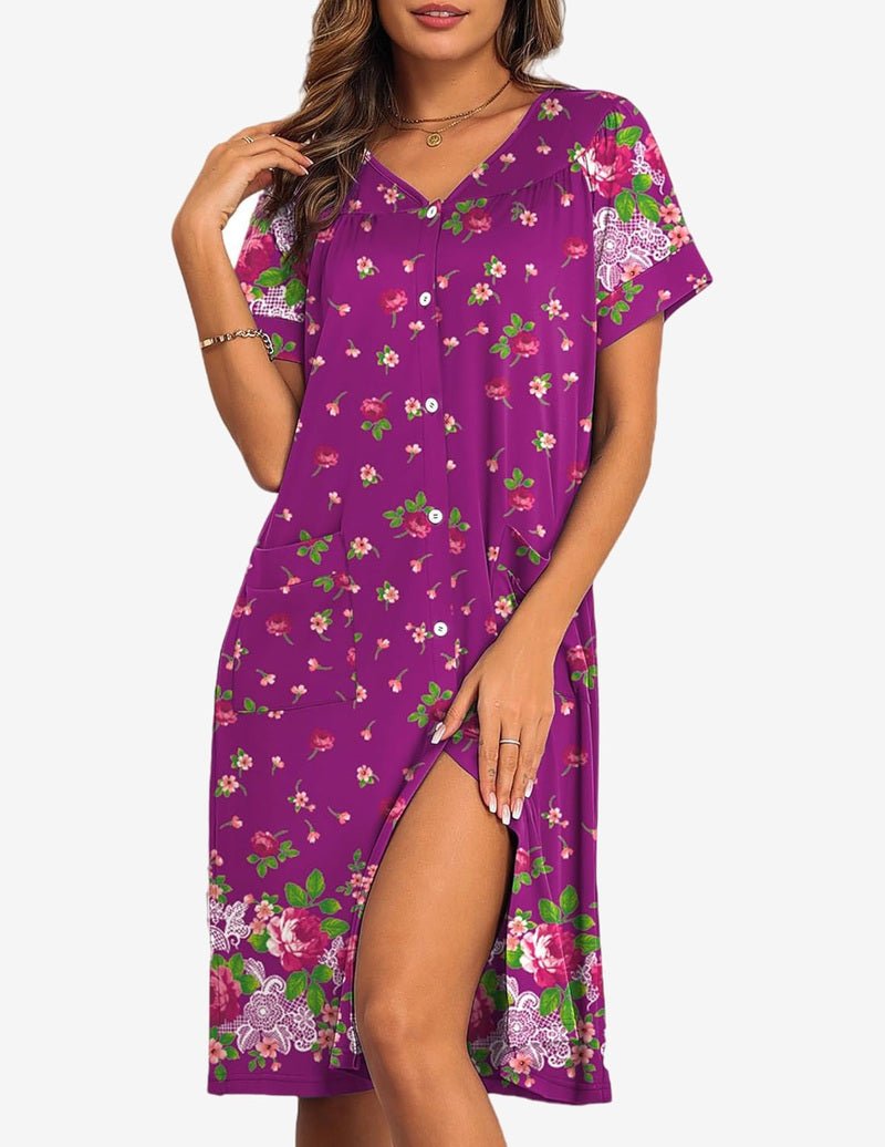 Purple button-front nightgown with small floral print, V-neck and side slit