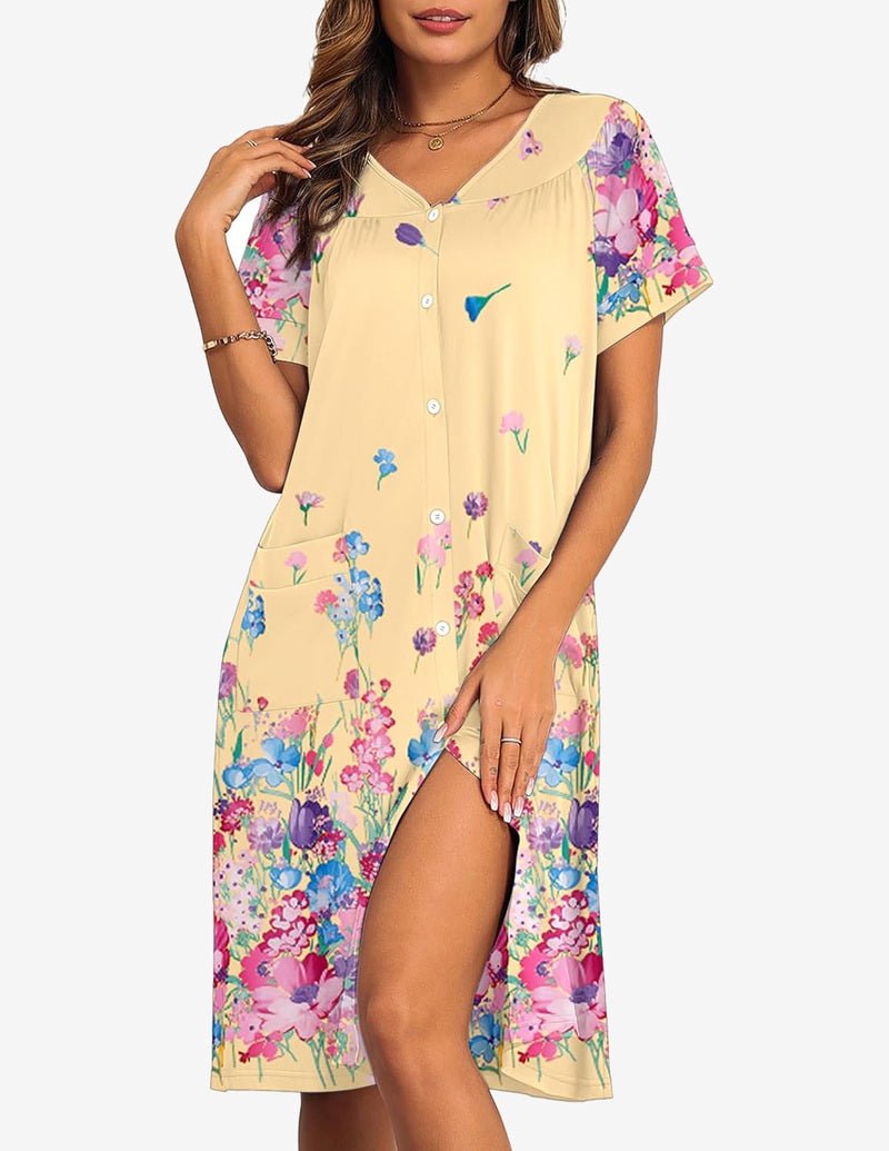 Cream button-front nightgown dress with colorful floral print and short sleeves