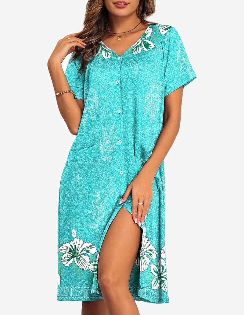 Teal button-front nightgown dress with leaf print, short sleeves, and side slit