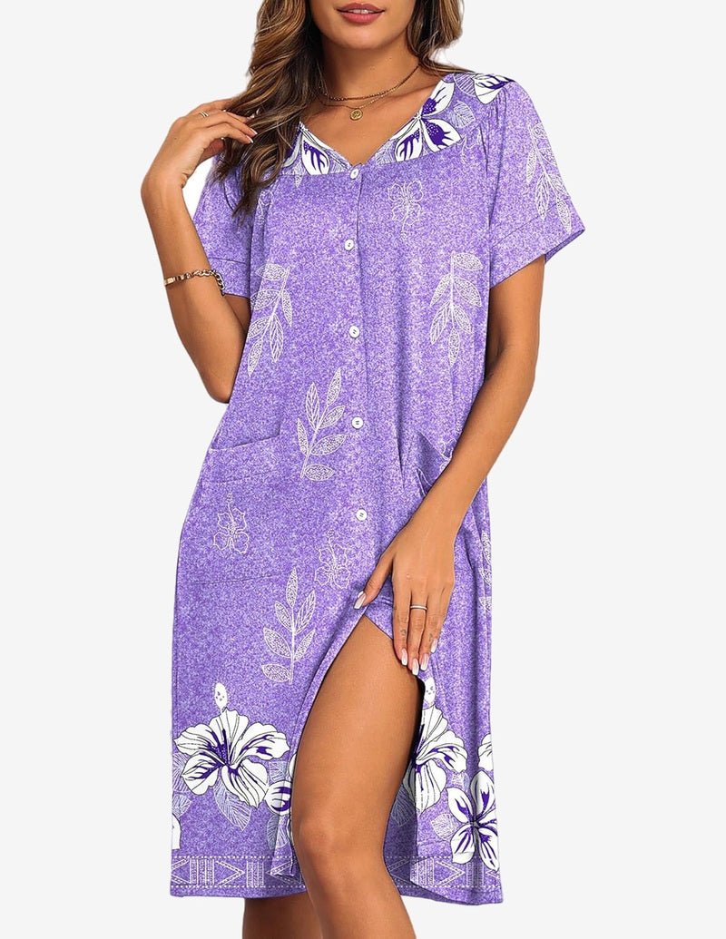 Purple button-front nightgown dress with botanical print and short sleeves