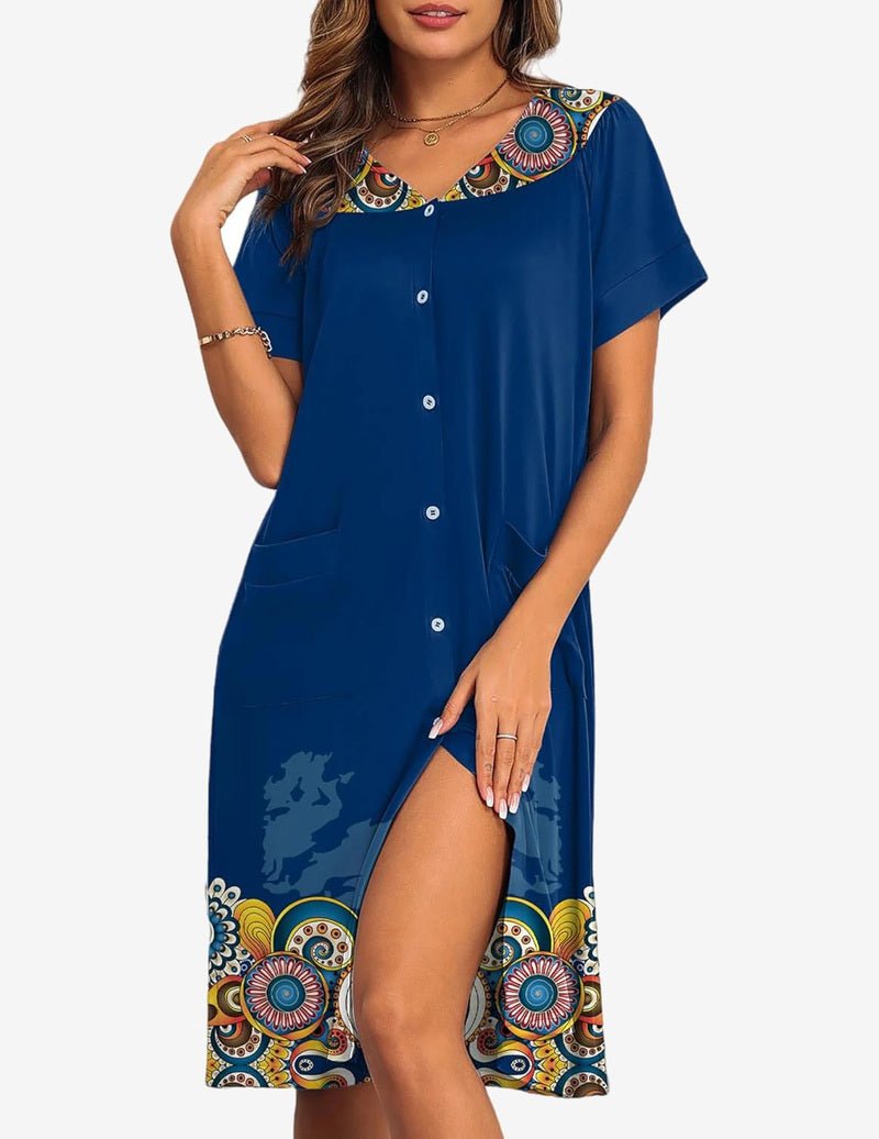 Navy button-front nightgown dress with decorative collar and circular border print