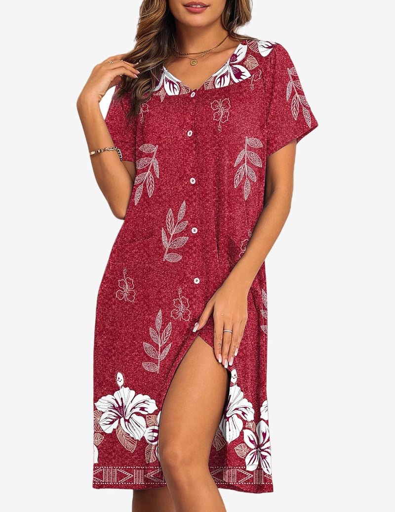 Plus-size button-front nightgown, red with white floral leaf print and side slit