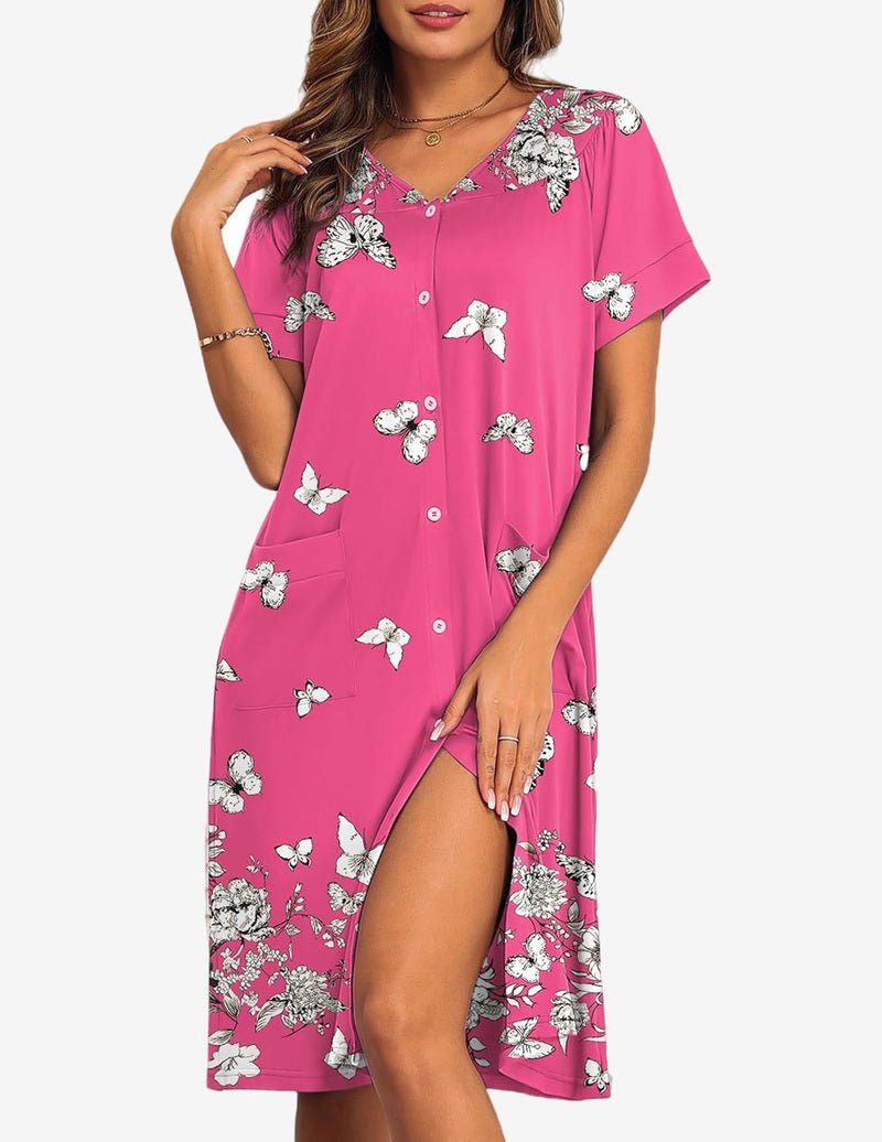 Hot pink button-front nightgown dress with butterfly print and short sleeves